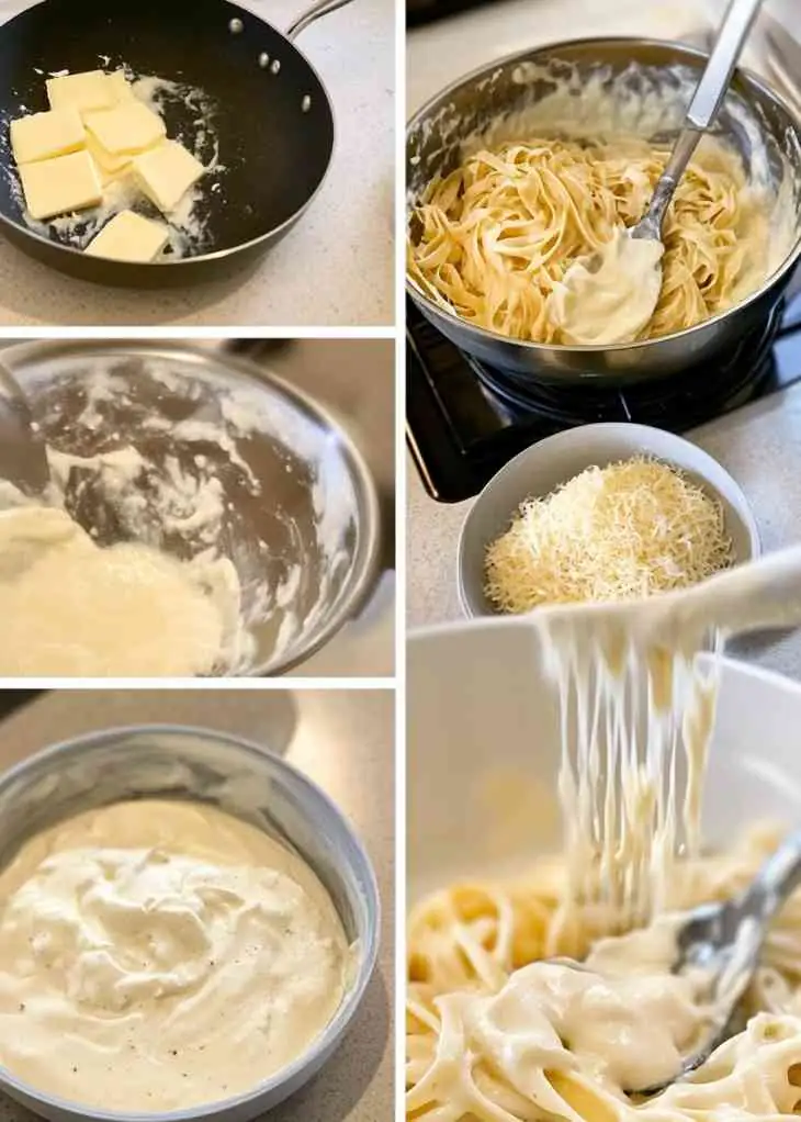 Alfredo Sauce with Cream Cheese 4 Step-by-step process for making Alfredo sauce with cream cheese, showing butter melting in a pan, the creamy sauce coming together, grated parmesan, and pasta being mixed with the finished Alfredo sauce.