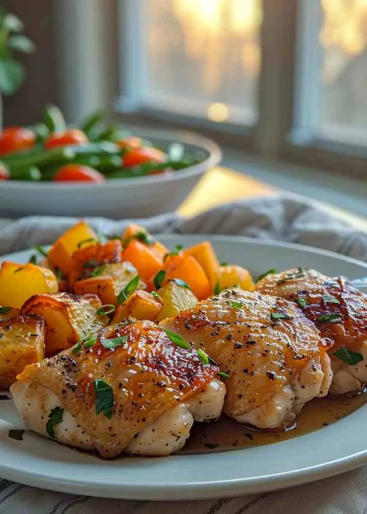 Boneless Chicken Thigh Recipes 3 Boneless chicken thighs roasted until crispy and served with golden potatoes, a perfect dish for easy boneless chicken thigh recipes.