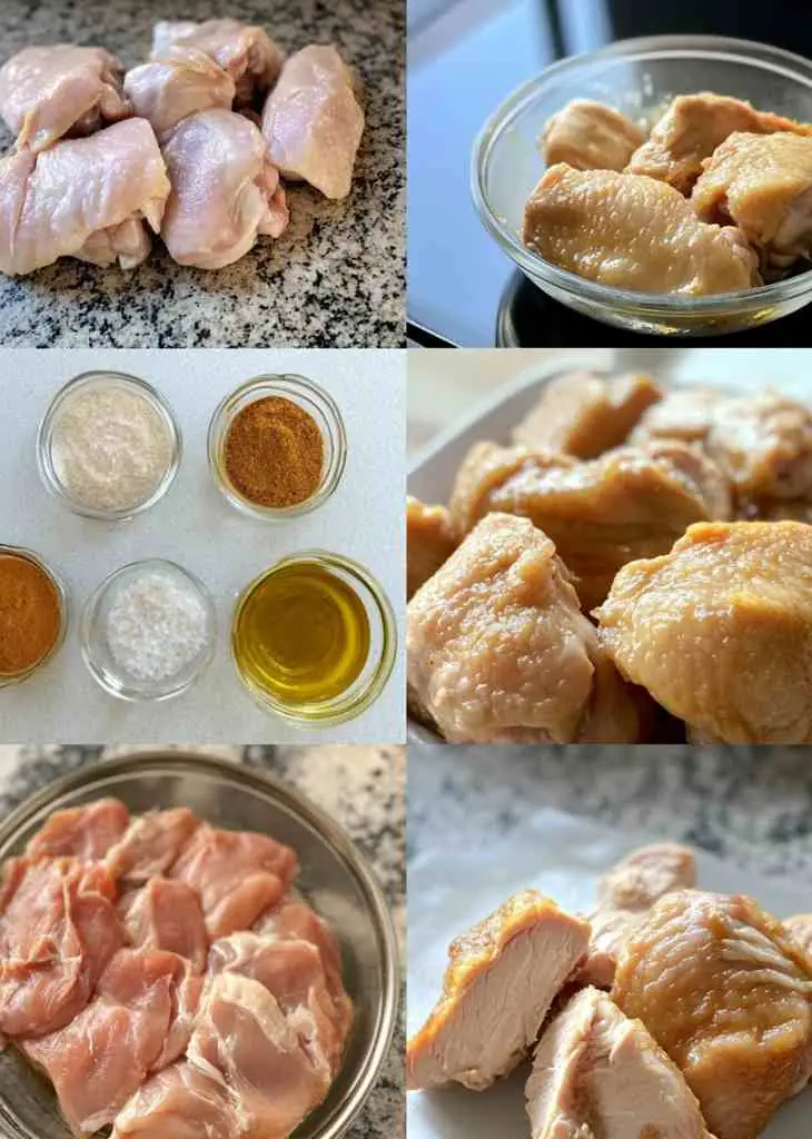 Boneless Chicken Thigh Recipes 4 Prep steps for boneless chicken thigh recipes showing raw chicken thighs, simple seasoning ingredients, marinated chicken, and sliced cooked pieces ready for cooking.