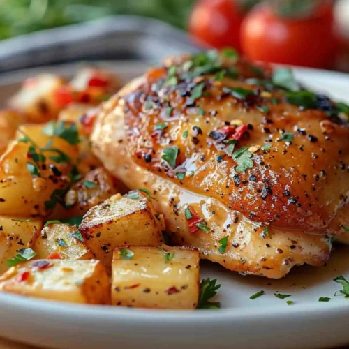 Boneless Chicken Thigh Recipes 5 Golden boneless chicken thigh served with roasted potatoes and fresh herbs, a flavorful dish perfect for boneless chicken thigh recipes.