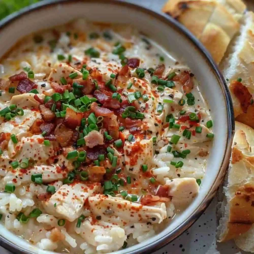 Easy Creamy Crack Chicken Recipe (Slow Cooker) 5 creamy crack chicken served in a bowl with bacon, green onions, and rice, perfect for an easy crack chicken recipe.