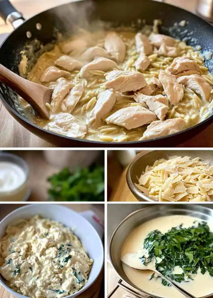 This Creamy Chicken Orzo Is Pure Comfort in One Pan 4 Creamy chicken orzo step-by-step collage showing sautéed chicken, creamy sauce, fresh spinach, parmesan, and orzo cooking together.