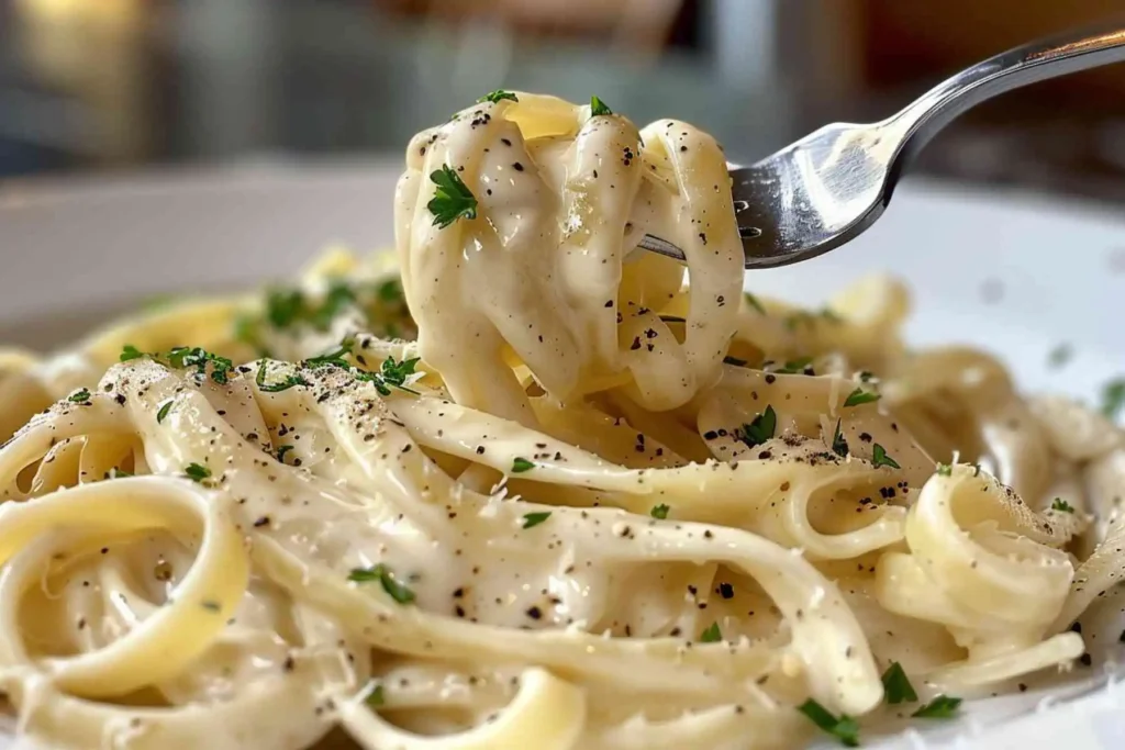 Dairy Free Alfredo Sauce – Creamy Every Time, No Dairy 5 Bowl of fettuccine coated in creamy dairy free Alfredo sauce, topped with fresh herbs and cracked black pepper.