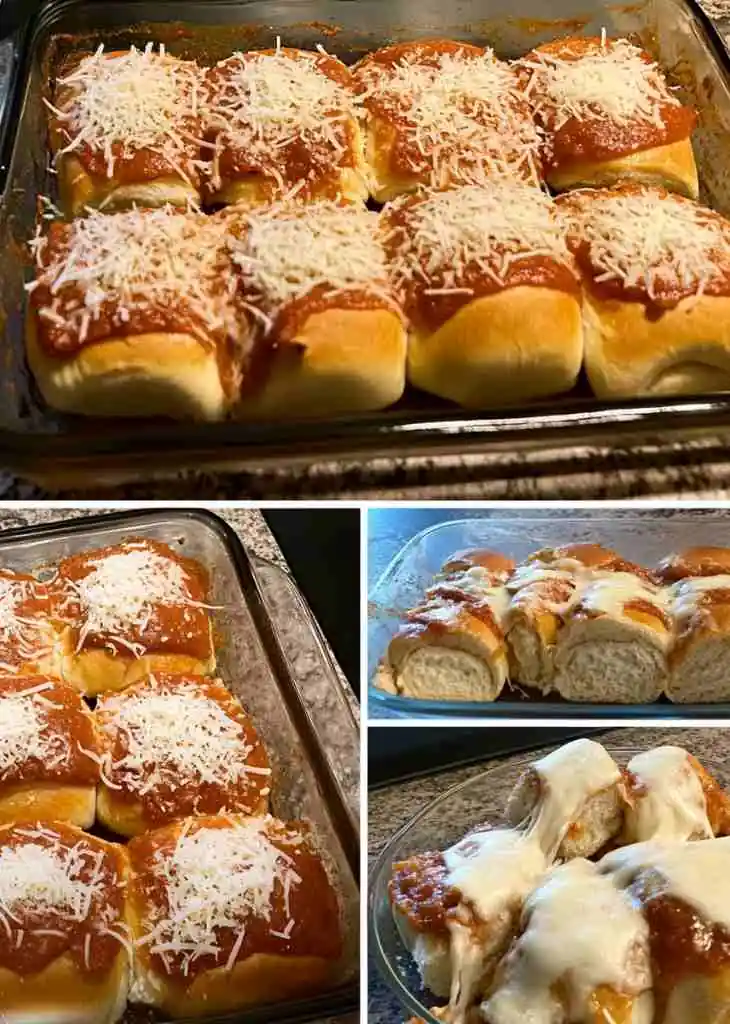 Hawaiian Roll Pizza Sliders 4 Step-by-step Hawaiian roll pizza sliders showing rolls topped with pizza sauce, shredded mozzarella, and baked until melted and golden.