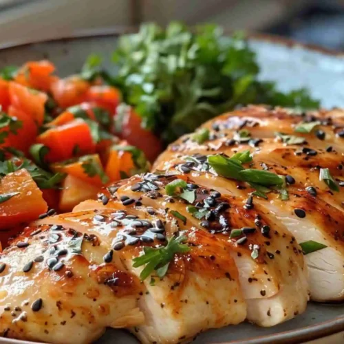 Healthy Chicken Recipes 5 grilled healthy chicken breast topped with herbs and served with a fresh tomato salad, perfect for healthy chicken recipes.