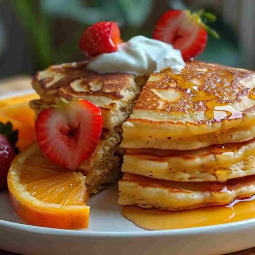 Protein Pancake Recipe 5 fluffy protein pancake recipe stack drizzled with syrup and topped with fresh strawberries and cream on a breakfast plate.