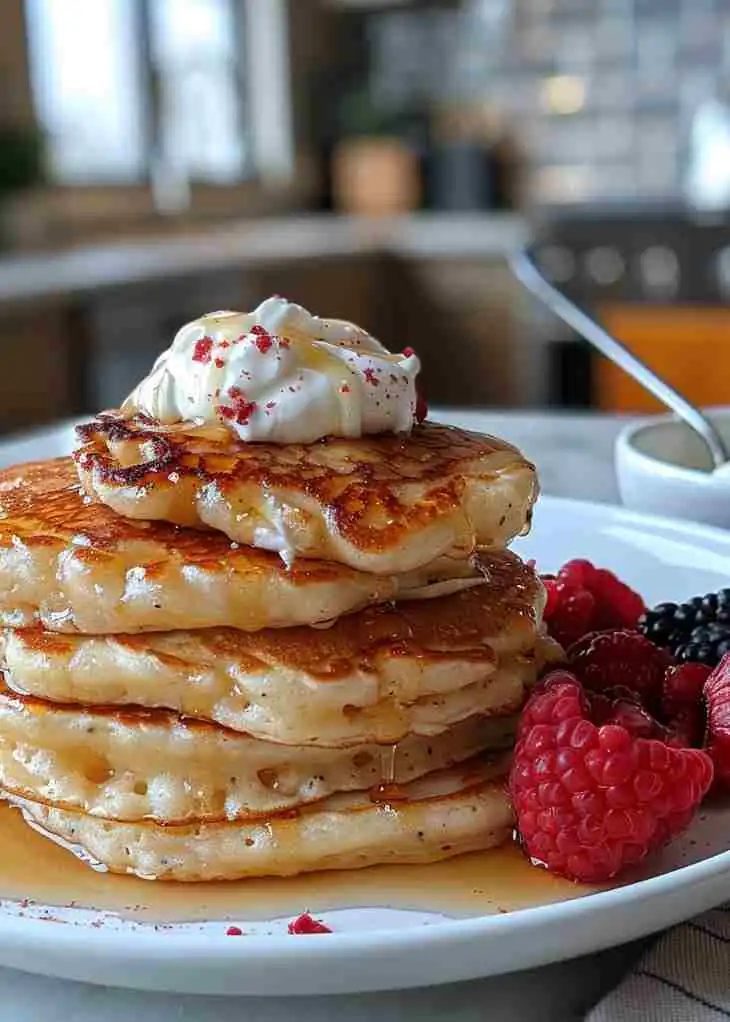 Protein Pancake Recipe 3 Stack of fluffy protein pancakes topped with whipped cream and fresh berries.