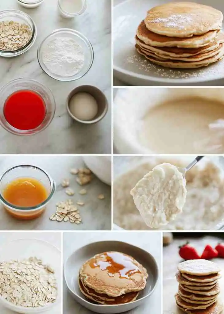 Protein Pancake Recipe 4 step-by-step protein pancake recipe images showing ingredients, mixing the batter, and fluffy pancakes stacked with syrup.