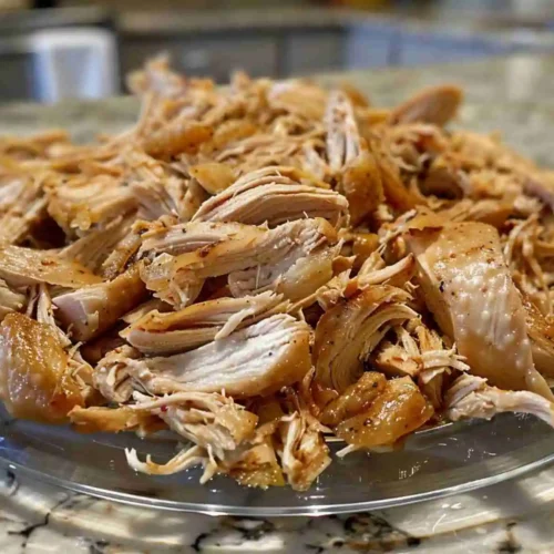 Rotisserie Chicken Recipes 4 tender shredded rotisserie chicken on a plate, perfect for quick rotisserie chicken recipes, casseroles, and meal prep.