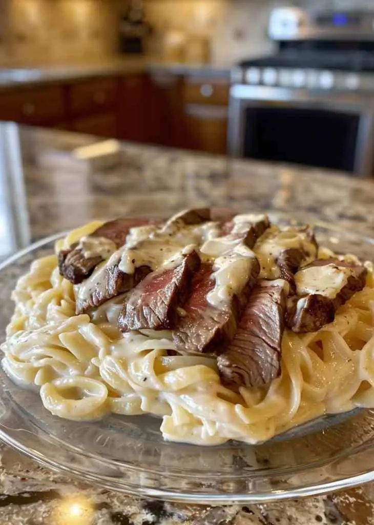 Steak Alfredo Recipe – Creamy Comfort, Foolproof and Easy 3 Creamy fettuccine Alfredo topped with sliced steak in a homemade steak Alfredo dish served in a cozy kitchen setting.
