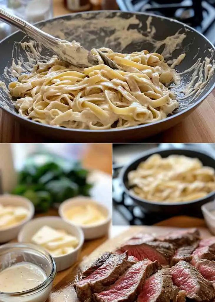 Steak Alfredo Recipe – Creamy Comfort, Foolproof and Easy 4 Preparation steps for steak Alfredo showing creamy fettuccine in a pan, sliced steak, Alfredo sauce ingredients, and fresh herbs ready for cooking.