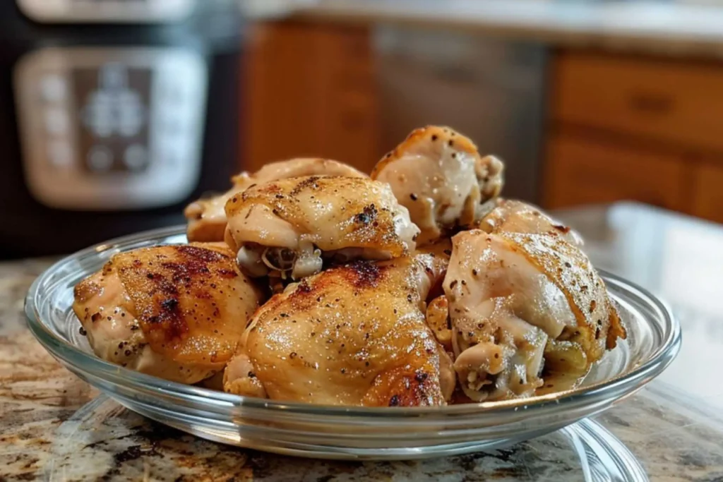 Instant Pot Chicken Recipes – Juicy, Fast Meals No Guesswork 3 Cooked chicken thighs seasoned with pepper on a plate, prepared using the Instant Pot for instant pot chicken recipes.