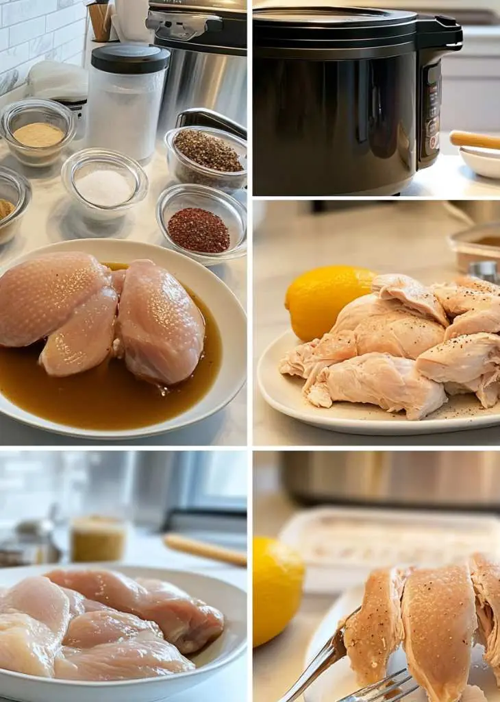 Instant Pot Chicken Recipes – Juicy, Fast Meals No Guesswork 5 Step-by-step collage for instant pot chicken recipes showing raw chicken breasts, seasoning ingredients, the Instant Pot, cooked chicken pieces, and sliced chicken ready to serve.