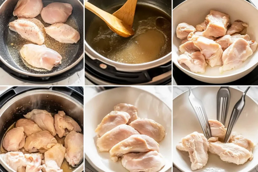 Instant Pot Chicken Recipes – Juicy, Fast Meals No Guesswork 4 Step-by-step instant pot chicken recipes collage showing searing chicken, adding broth, pressure cooking, removing the cooked chicken, and shredding it with forks.