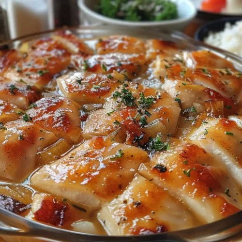 Instant Pot Chicken Recipes – Juicy, Fast Meals No Guesswork 7 Tender Instant Pot chicken breasts cooked in a savory broth, topped with herbs and served in a glass baking dish.