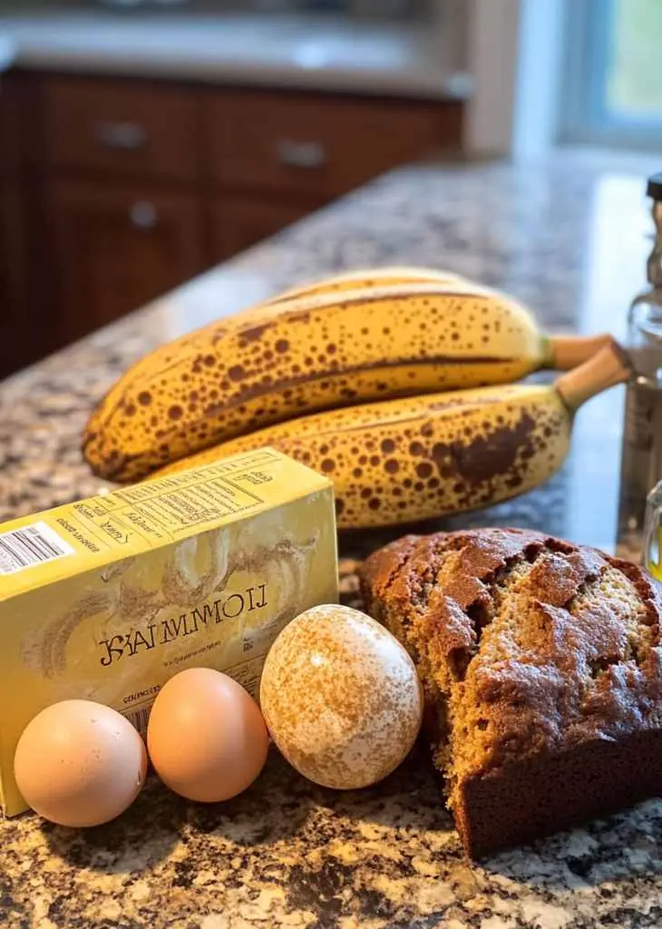 Easy Cake Mix Banana Bread (How to Prevent Sinking Every Time) 4 Cake mix banana bread ingredients including bananas, eggs, oil, and cake mix box