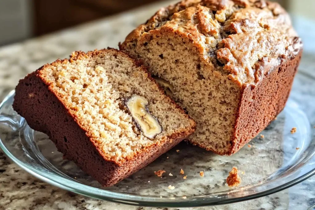 Easy Cake Mix Banana Bread (How to Prevent Sinking Every Time) 3 Slices of cake mix banana bread showing moist crumb on plate