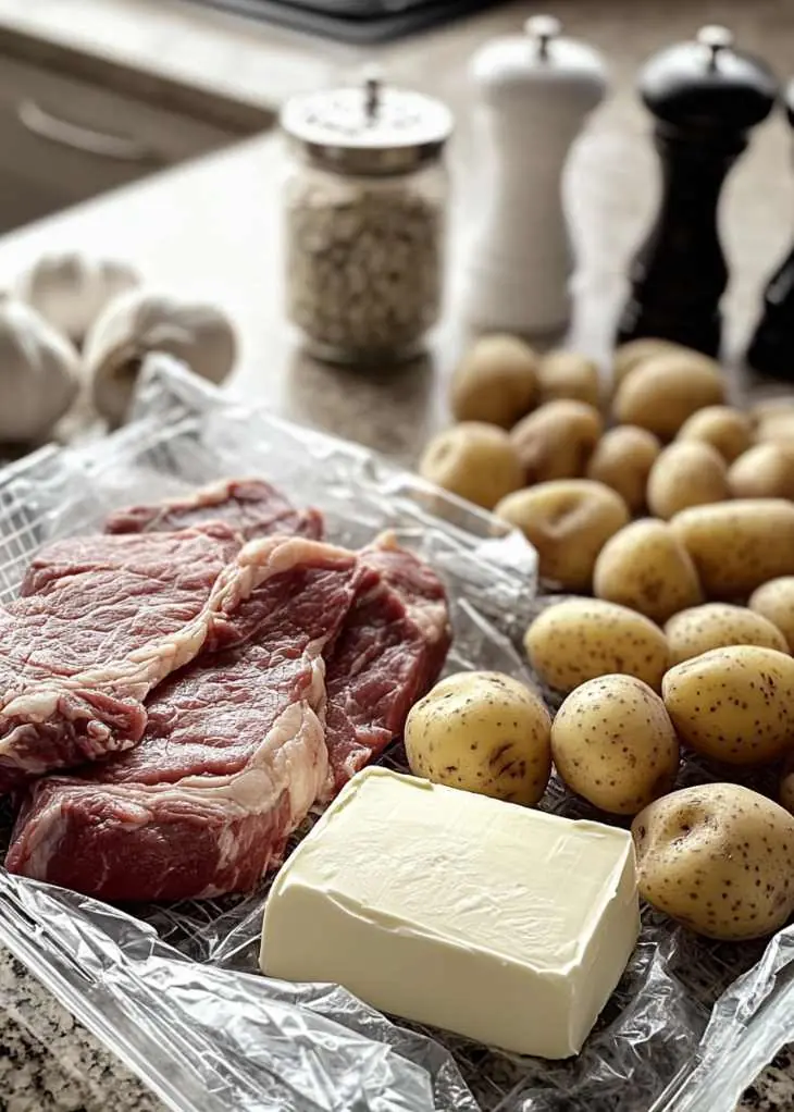 Garlic Butter Steak Bites and Potatoes 4 Raw ingredients for garlic butter steak bites and potatoes on kitchen counter