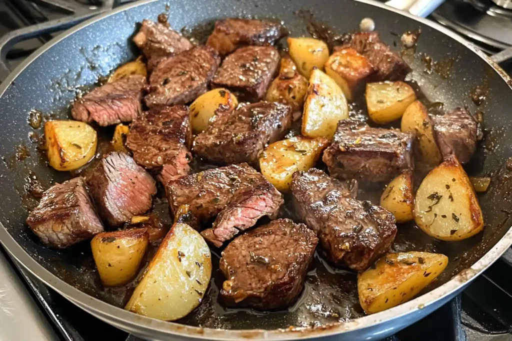 Garlic Butter Steak Bites and Potatoes 5 Plate of garlic butter steak bites and potatoes with fork on table