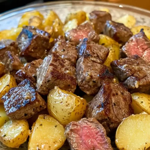 Garlic Butter Steak Bites and Potatoes 7 Seared garlic butter steak bites served with golden roasted potatoes on a glass plate, showing tender, juicy beef cubes and crispy potatoes.