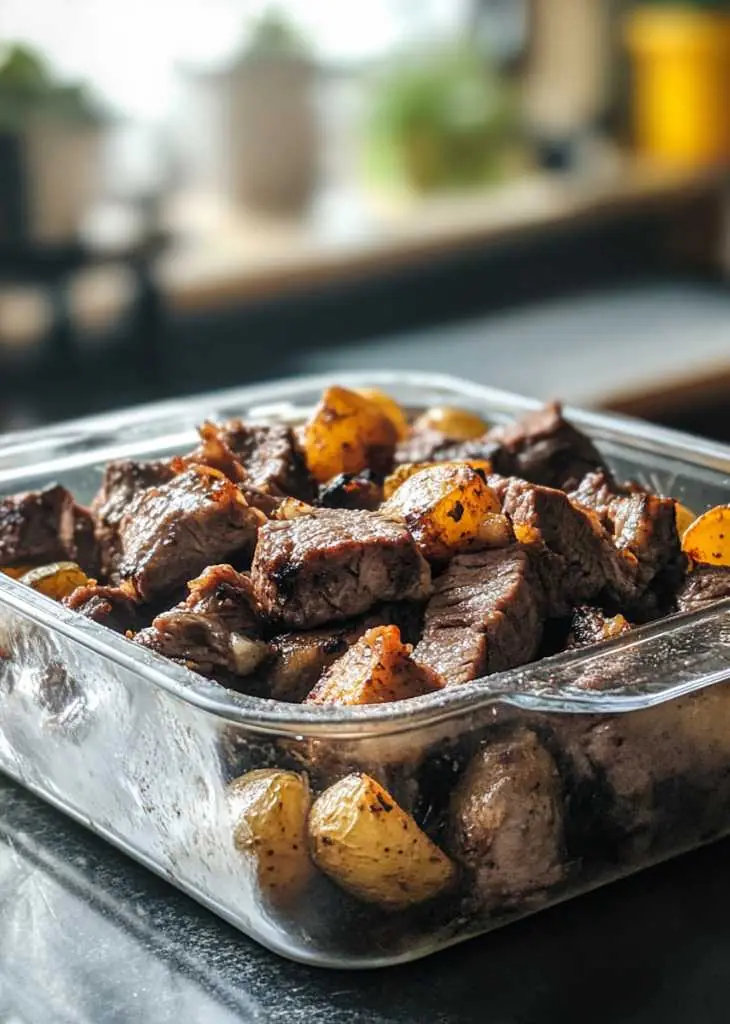 Garlic Butter Steak Bites and Potatoes 6 Garlic butter steak bites and potatoes stored in glass container