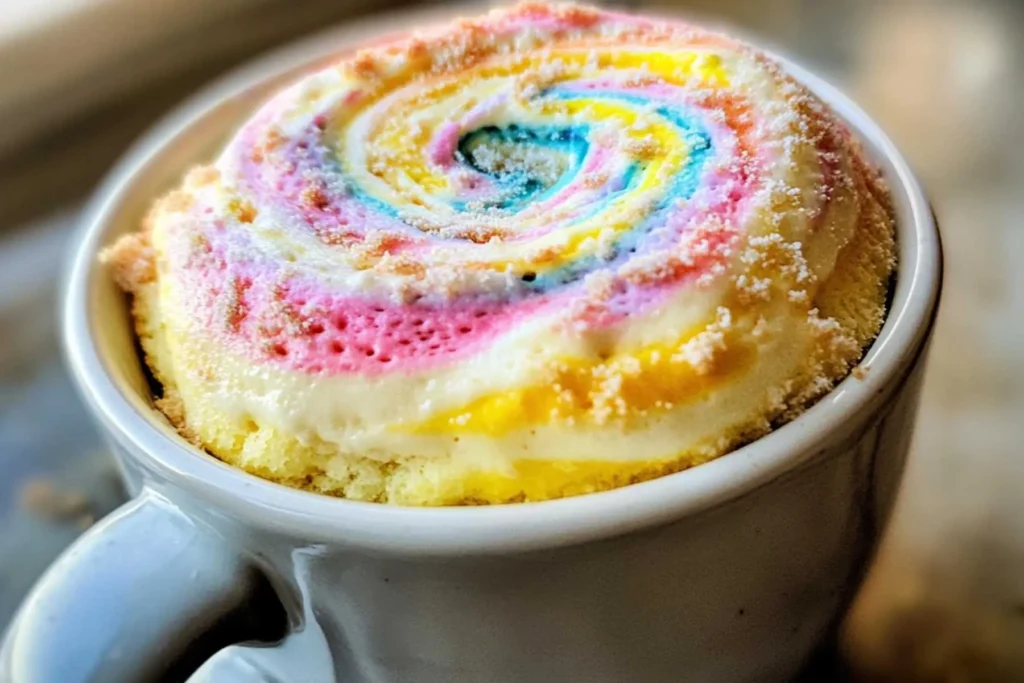 Vanilla Mug Cake Recipe (Soft, Fluffy & Ready in Minutes) 4 Colored batter for vanilla mug cake recipe inside a ceramic mug