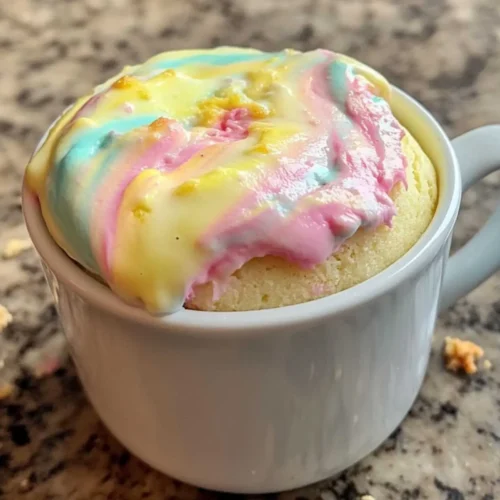 Vanilla Mug Cake Recipe (Soft, Fluffy & Ready in Minutes) 7 Final vanilla mug cake recipe partially eaten in a mug with colorful crumb visible