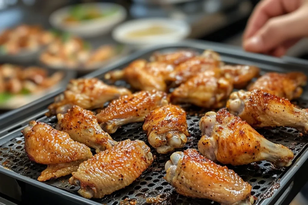 Chicken Wings Air Fryer Recipe 4 Seasoning raw chicken wings with baking powder for extra crispy air fryer results.