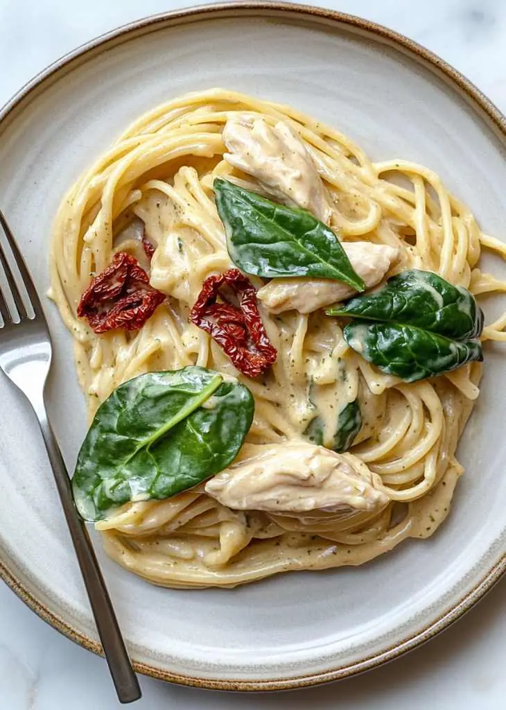 Best Creamy Tuscan Chicken Pasta (Easy 30-Minute Recipe) 3 Creamy Tuscan Chicken Pasta cooking in a skillet with penne and sliced chicken