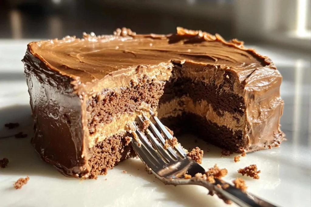 Portillo's Chocolate Cake 3 A close-up of a fork digging into a moist slice of Portillo’s chocolate cake, showing the tender double-layer crumb and velvety chocolate frosting on a marble surface.