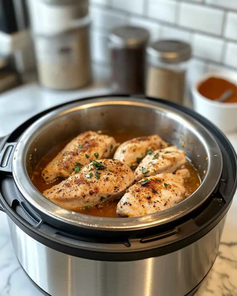 Frozen Chicken Breast Instant Pot (Juicy, Fail-Proof & Ready Fast) 3 Frozen chicken breasts in Instant Pot insert before cooking